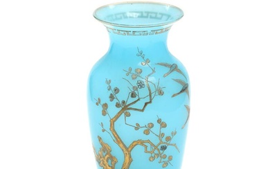 A Chinese baluster vase of turquoise Peking glass, decorated in gilt with...