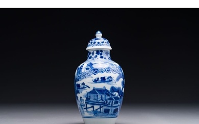 A Chinese blue and white covered vase with fishermen in a ri...