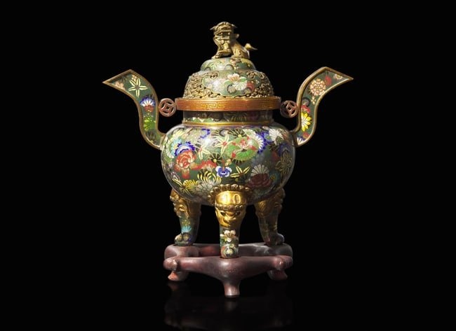 A Chinese cloisonne censer and cover with wood stand, Lao Tian Li, Late Qing to Republic period