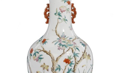 A Chinese enamelled porcelain 'Nine peaches' vase, tianqiuping. Pierced handles decorated in...
