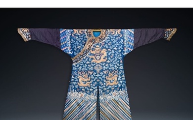 A Chinese gold thread embroidered blue-ground silk 'dragon' ...