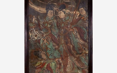 A Large Chinese polychrome stucco fresco panel 灰泥彩绘天女图壁画 Yuan/Ming Dynasty or later 元/明或更晚