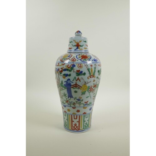 A Chinese wucai porcelain meiping vase and cover decorated w...