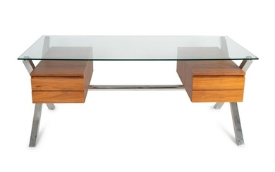 A Contemporary Walnut, Steel and Glass Desk Height 30 x