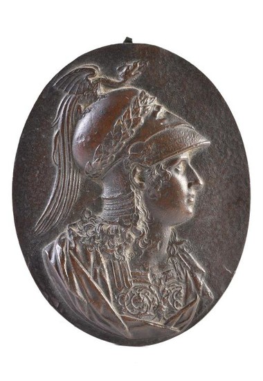 A Continental, probably French or Italian, bronze relief portrait plaque of Minerva, late 16th/early 17th century