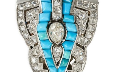 A DIAMOND AND TURQUOISE CLIP BROOCH in white gold and platinum, set with an old pear cut diamond in