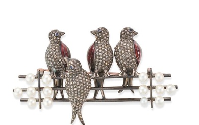 A DIAMOND, PEARL, SAPPHIRE AND ENAMEL BIRD BROOCH designed as four birds perched on a fence, the ...