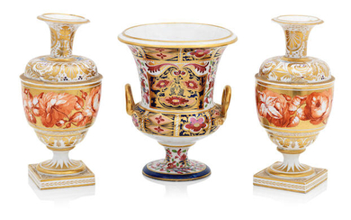 A Derby twin handled urn and a pair of Derby vases