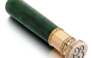 A FABERGÉ THREE-COLOUR GOLD AND NEPHRITE PARASOL HANDLE, WORKMASTER MICHAEL PERCHIN, ST PETERSBURG, CIRCA 1890