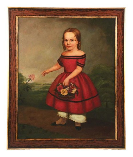 A FINE FOLK ART PORTRAIT OF A YOUNG GIRL WITH BASKET OF