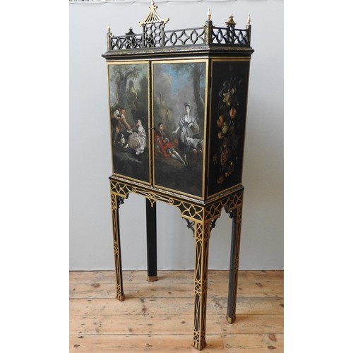 A FINE GEORGE III PAINTED CABINET ON STAND, in the Chinese C...