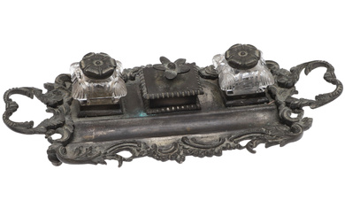 A FRENCH SILVERED METAL STANDISH/INKSTAND.