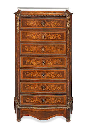 A French 19th century gilt bronze mounted walnut, tulipwood and fruitwood marquetry secretaire semainier