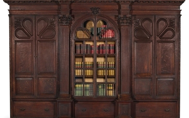 A GEORGE II OAK BOOKCASE OF ARCHITECTURAL FORM, PRINCIPALLY 18TH CENTURY