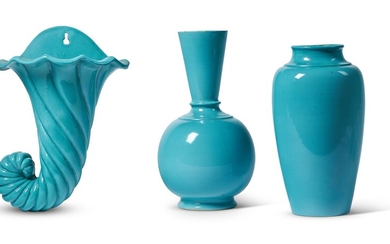 A GROUP OF CONTINENTAL TURQUOISE GLAZED POTTERY ITEMS
