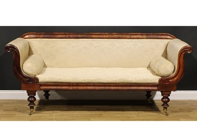 A George/William IV mahogany lyre arm sofa, stuffed-over uph...