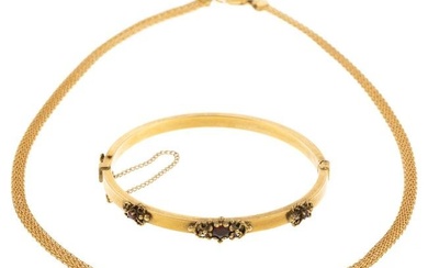 A Gold Garnet Bangle & Chain