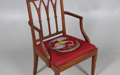 A HEPPLEWHITE STYLE MAHOGANY ELBOW CHAIR.