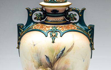 A Hadley Worcester hand painted amphora lidded vase decorated with...