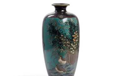 A Japanese cloisonné-enamel baluster vase Meiji period Finely enamelled to one side...