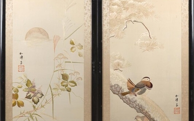 A LARGE PAIR OF JAPANESE SILK EMBROIDERED PANELS MEIJI PERIOD (1868-1912)