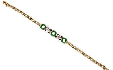 A Late 19th Century Enamel, Diamond and Pearl Bracelet Three pearls and two diamonds set in fin...