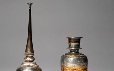A MIDDLE EASTERN SILVER-COLOURED METAL HOOKAH BASE AND A WATER...