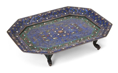 A Mughal gem-set and enamelled tray, India, 18th century, of canted rectangular form, the tray set with table-cut diamonds, white sapphires, seed pearls, turquoise and cabochon rubies, on a blue and green enamel ground, with embossed forms of flora...