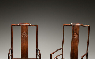 A PAIR OF CHINESE HUANGHUALI SOUTHERN OFFICIAL'S HAT OPEN ARMCHAIRS