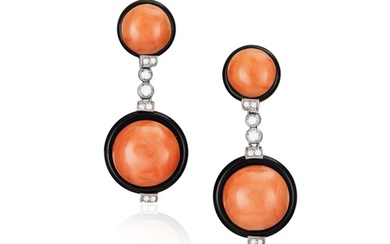 A PAIR OF CORAL, ONYX AND DIAMOND PENDENT EARRINGS Each cir...