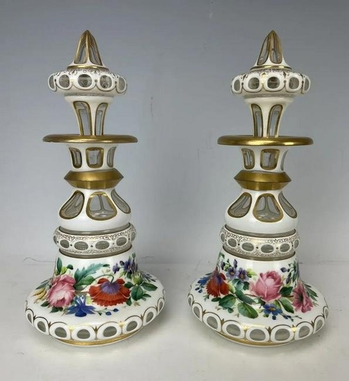 A PAIR OF GILT AND ENAMELED MOSER PERFUME BOTTLE