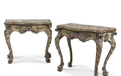 A PAIR OF ITALIAN GREEN AND POLYCHROME-PAINTED PARCEL GILT-VARNISHED SILVERED...
