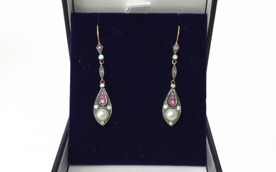 A PAIR OF RUBY DIAMOND AND PEARL EARRINGS