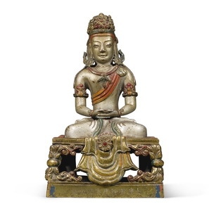 A POLYCHROME GILT-BRONZE FIGURE OF AMITAYUS QIANLONG MARK AND PERIOD DATED GENGYIN YEAR, CORRESPONDING TO 1770