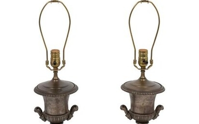 A Pair of Cast Iron Urns Mounted as Lamps Height 15 1/2