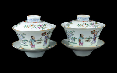 A Pair of Chinese Famille Rose Porcelain Covered Tea Bowls and Undertrays
