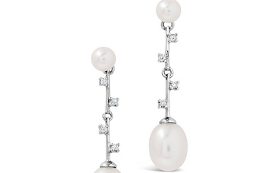 A Pair of Cultured Pearl, Diamond and White Gold Ear Pendants