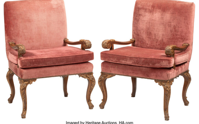 A Pair of English George IV-Style Partial Gilt Armchairs