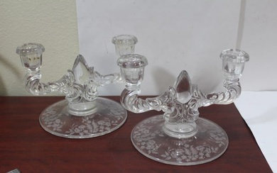A Pair of Etched Glass Candle Holders