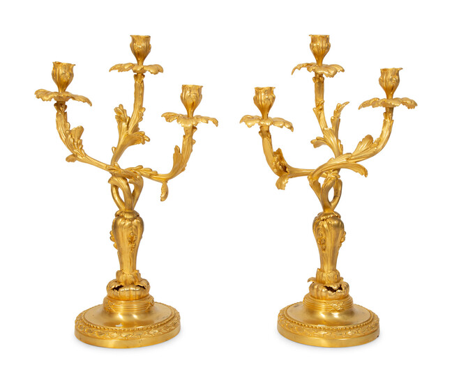 A Pair of Louis XV Style Gilt Bronze Three Light Candelabra