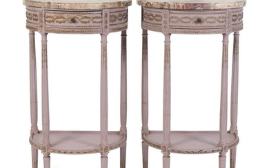 A Pair of Louis XV Style Painted Demi-lune Marble Top