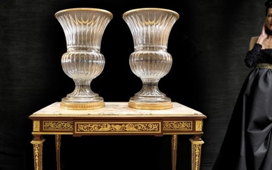 A Pair of Monumental Baccarat Style Crystal Bronze Vases