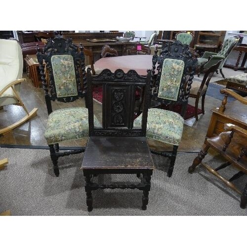 A Pair of Victorian carved oak Carolean style Side Chairs, t...