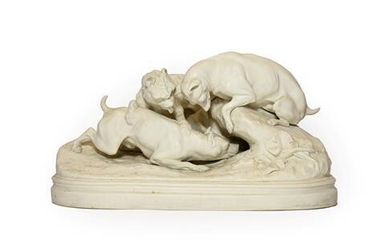A Parian Hunting Group, circa 1870, as three dogs on...