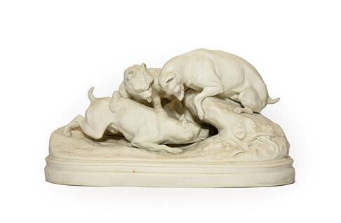 A Parian Hunting Group, circa 1870, as three dogs on...