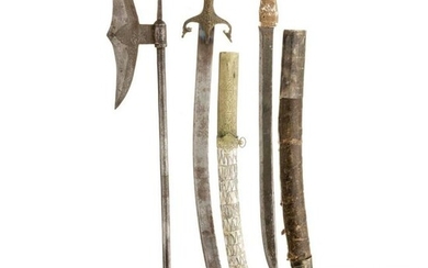 A Persian battle axe, 19th century, and two edged
