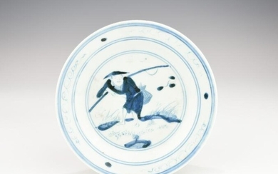A RARE MARK AND PERIOD MING TIANQI BLUE AND WHITE DISH