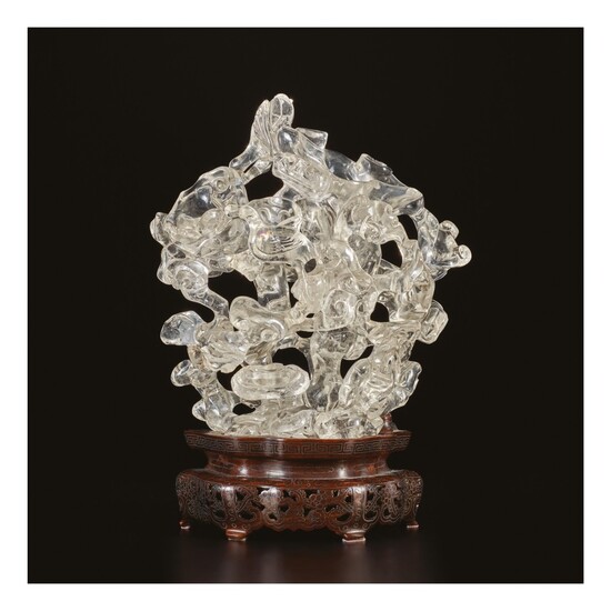 A ROCK CRYSTAL 'LONGEVITY' DOUBLE-VASE GROUP, QING DYNASTY, 19TH CENTURY
