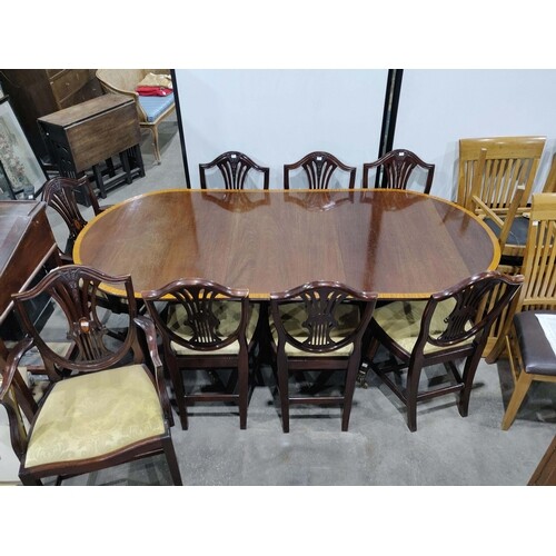 A Regency style mahogany D-end pedestal dining table, satinw...