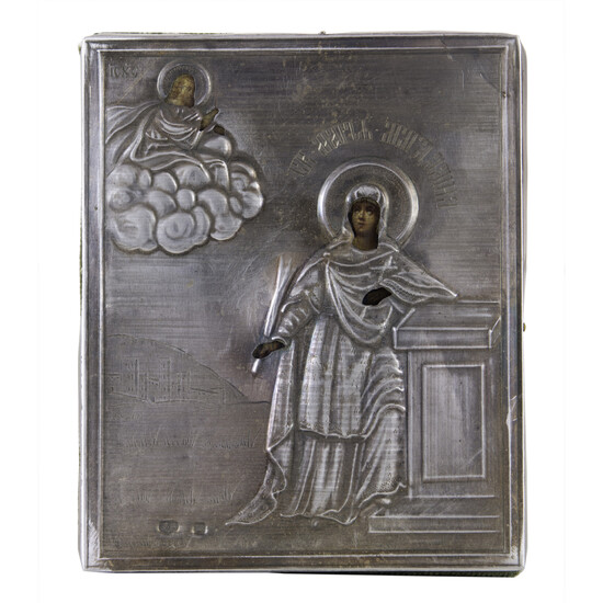 A Russian 84 silver oklad icon of Mother of God with Christ in Clouds
